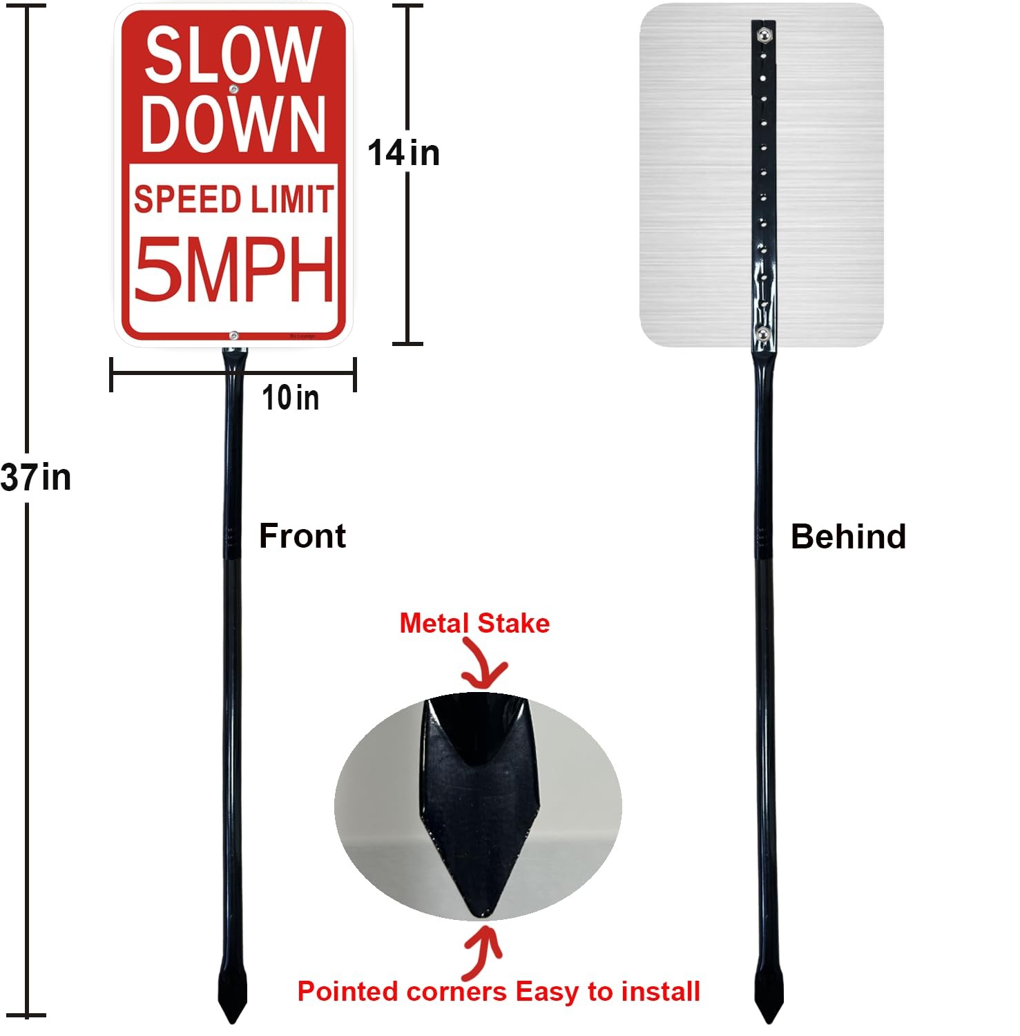 2 Pack Slow Down Speed Limit 5 MPH Sign 36 Inch Metal Stakes Aluminum Tool
