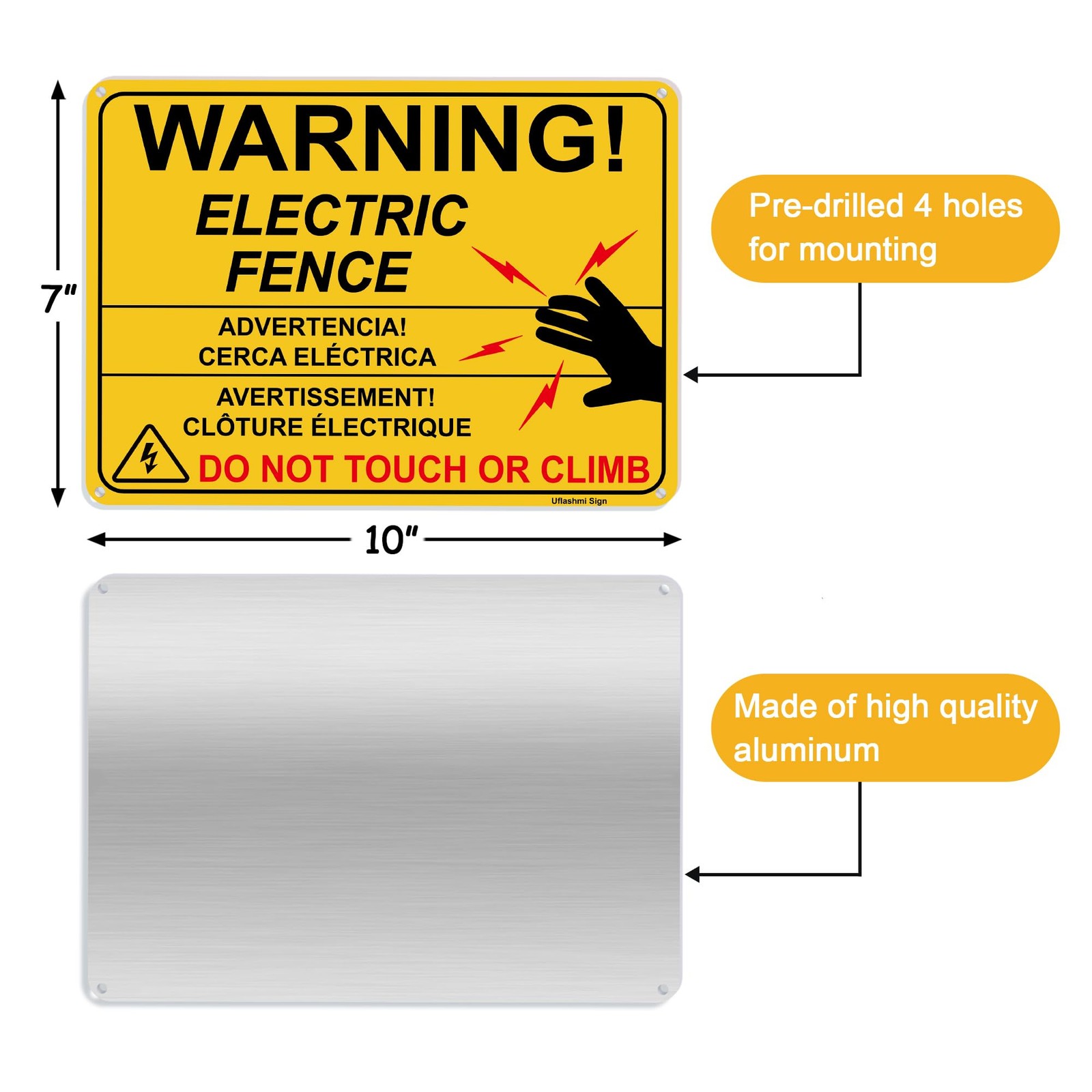 Uflashmi Electric Fence Warning Sign, Metal Electric Fence Signs, 10” x 7”, 2…