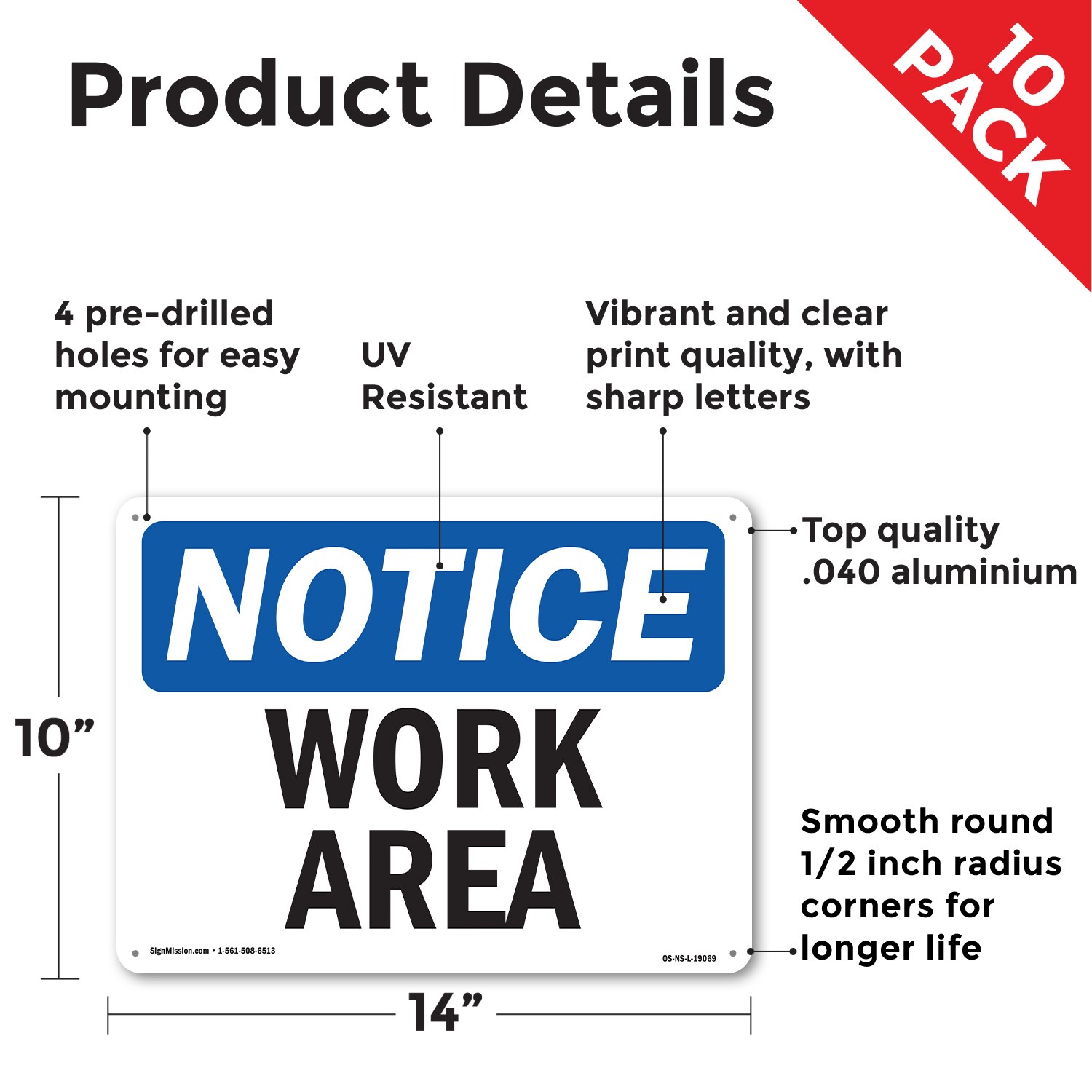 Work Area OSHA Notice Sign Metal, Plastic, Or Decal – 5 or 10 Pack
