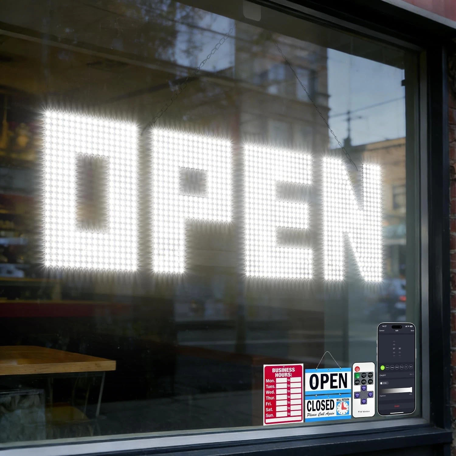 Large 43″x14″ Dimmable LED Open Sign for Retail Shops & Cafes