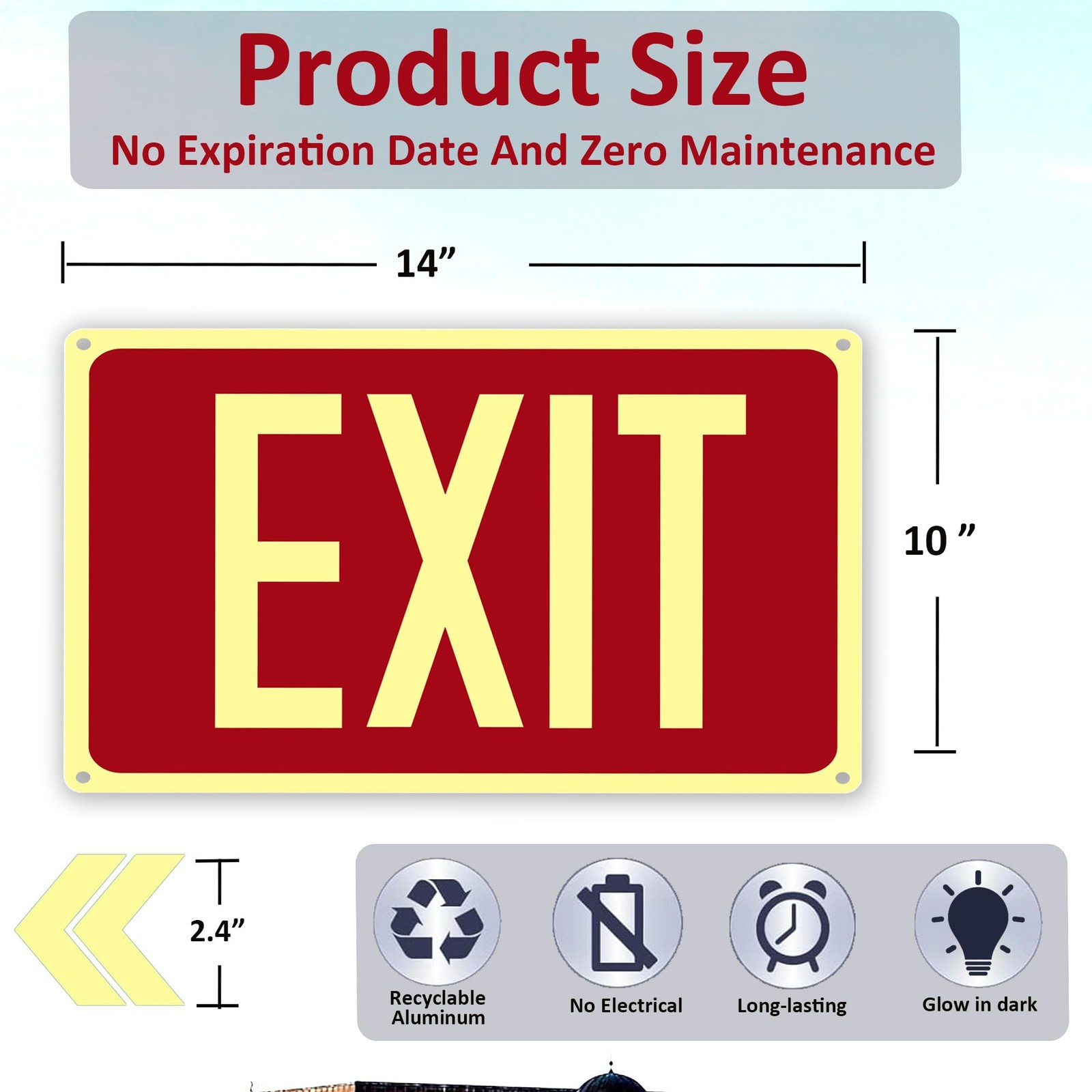 4Pack Photoluminescent Exit Sign Red, 14″x 10″ Aluminum Glow In The Dark Exit…
