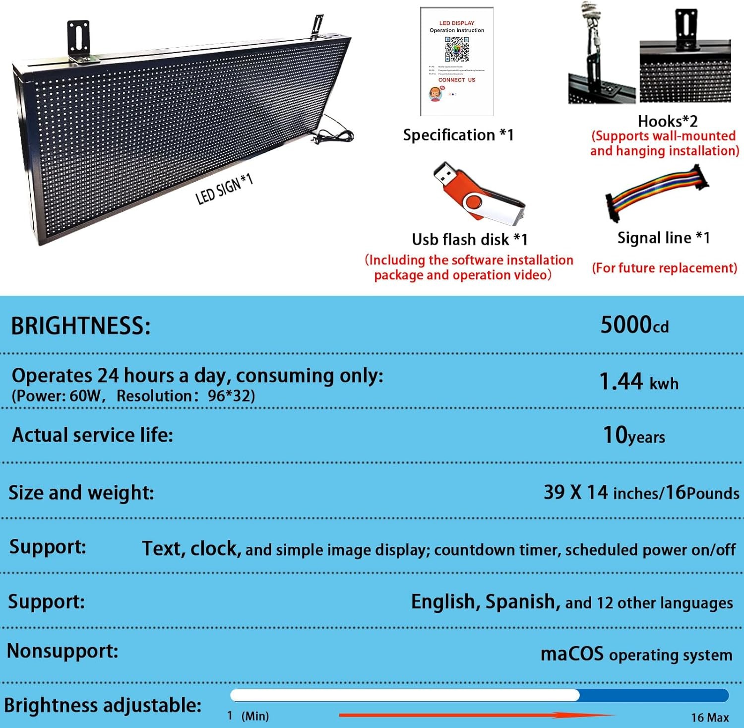 P10 LED Scrolling Sign 39×14 Full Color Wifi Programmable Outdoor Display Tool