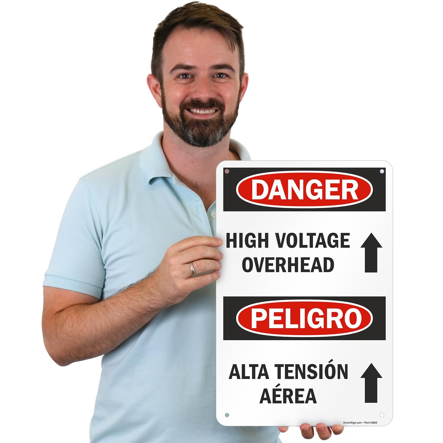 12×18 Inch Danger High Voltage Overhead Bilingual Aluminum Sign Upward Arrow