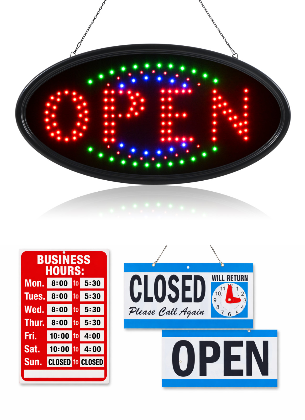 LED Neon Open Sign and Business Hour Sign Bundle for Business – Includes 3 Signs