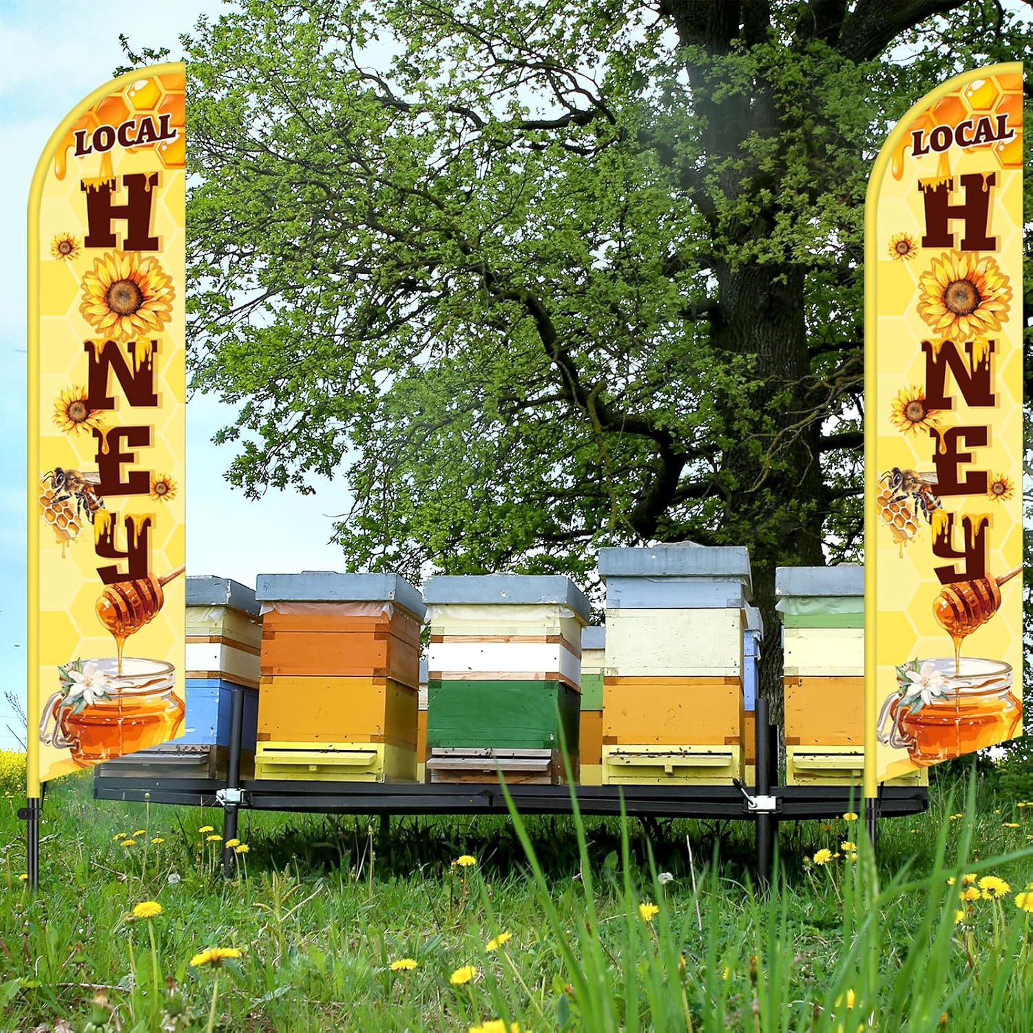 2 Pcs Local Honey Advertising Feather Banner with Flag Pole Kit 12 ft Feather Ba