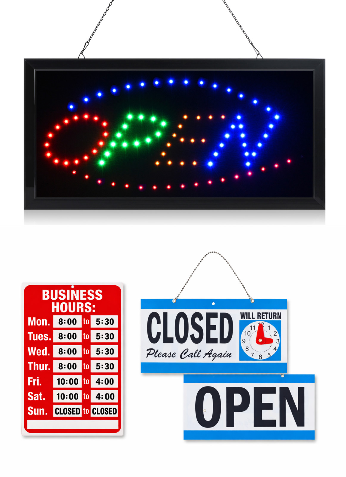 LED Neon Open Sign and Business Hour Sign Bundle for Business – Includes 3 Signs